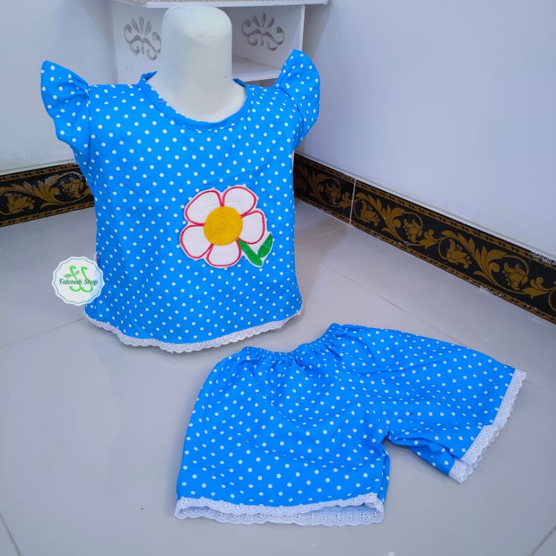 Setelan anak 2 3 4  tahun baju anak cewek perempuan motif polka polkadot atasan lucu ( setelan bunga asteria polka )
