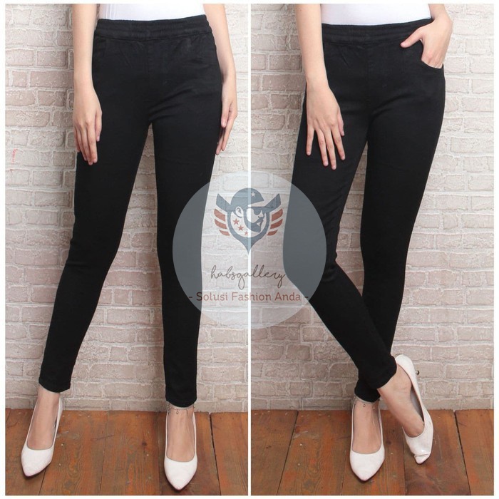 Celana Jeans Legging Wanita Pinggang Karet Bahan Denim Tebal Legging Jeans Cewek Ukuran 27 sampai 30