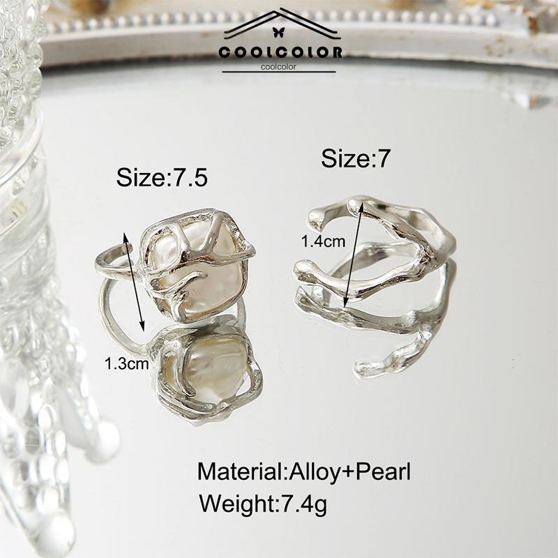 COD❤️2PCS/Set Cincin Kreatif Sederhana Temperamen Pembukaan Mutiara Tidak Teratur Cincin Dapat Disesuaikan korea fashion wanita