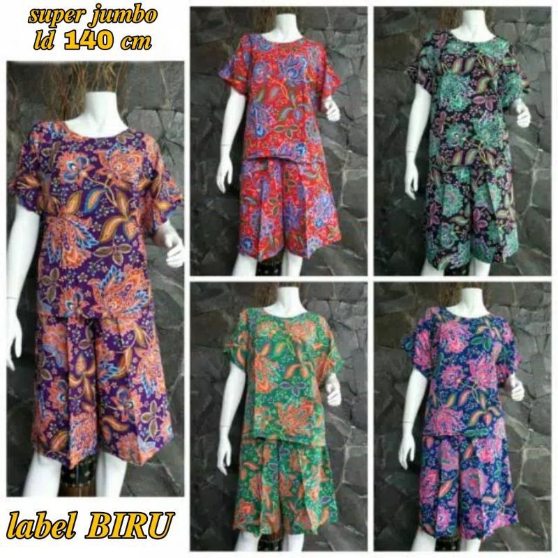SETELAN CELANA KULOT JUMBO 2L BATIK KENCANA UNGU LABEL BIRU
