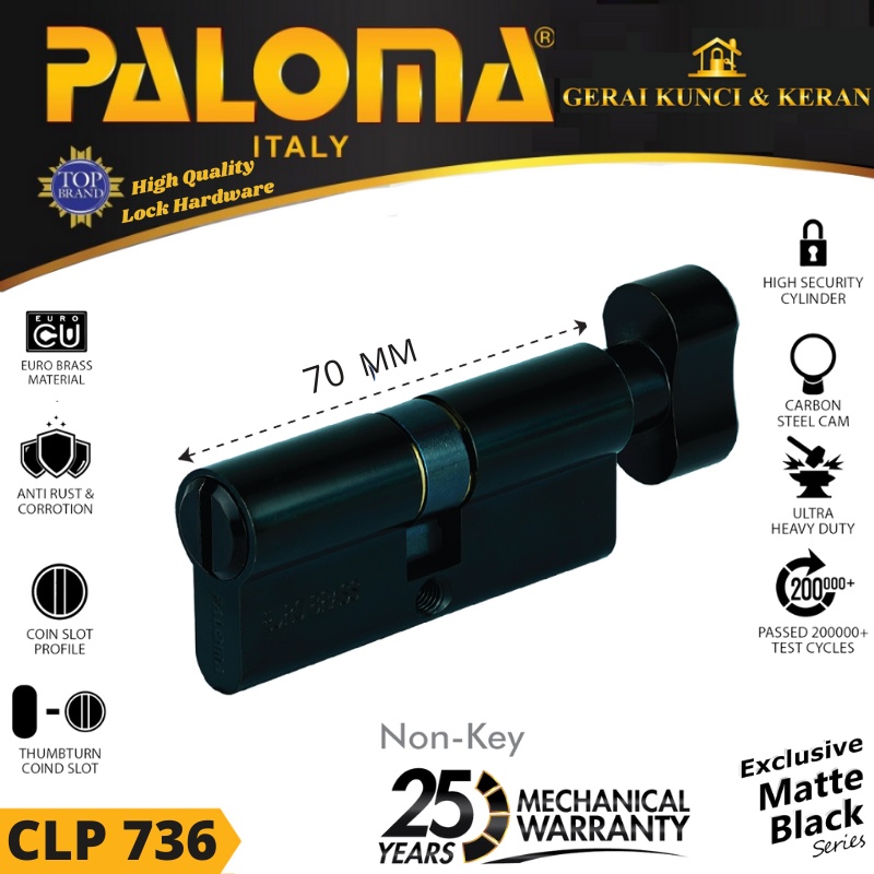 KUNCI Knob Cylinder PALOMA CLP 736 DELUXE 70MM No Key HITAM MATT BLACK