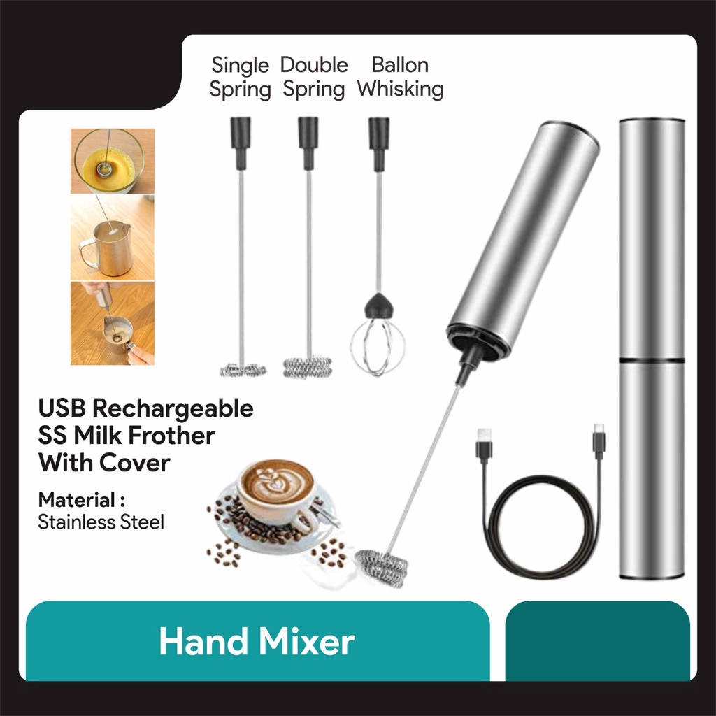 USB Milk Frother Stainless Steel with Cover Hand Mixer Coffee Latte Whisk Pengocok utk Franchise Usa