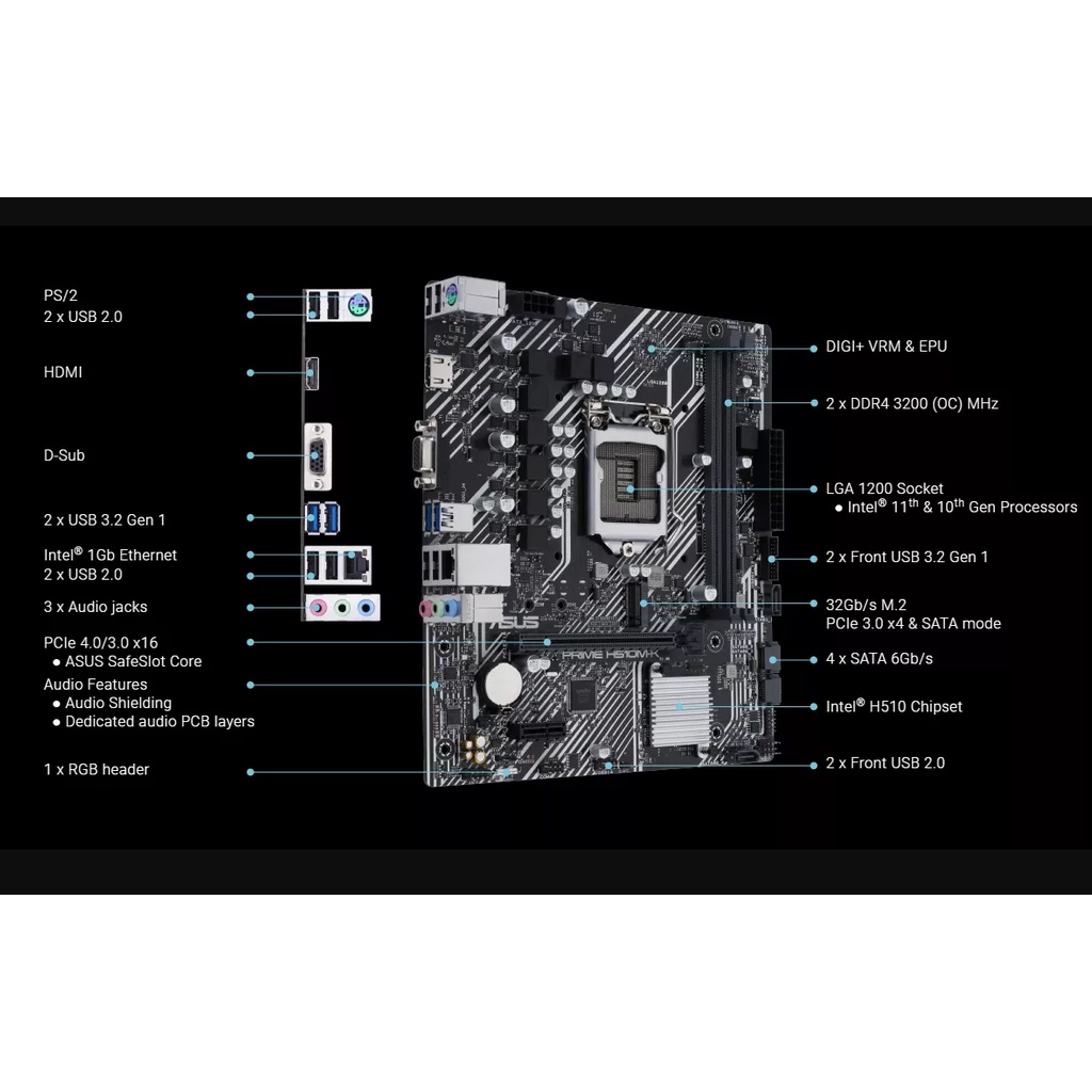 MOTHERBOARD ASUS PRIME H510M-K LGA 1200 MOBO H510 DDR4 USB3.2 SATA3