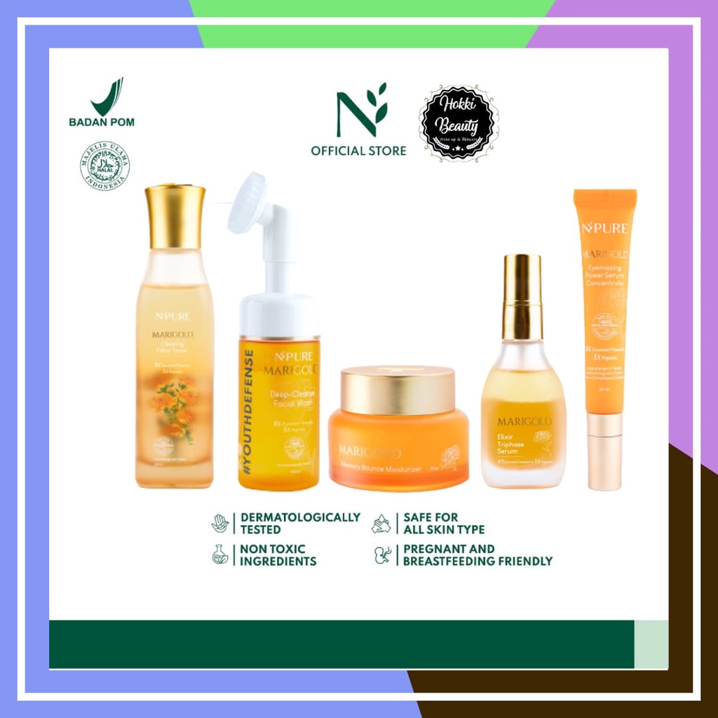 NPURE Marigold Deep-Cleanse Facial Wash - Clearing Petal Toner - Memory Bounce Moisturizer - Eyemazing Power Serum Concentrate - Elixir Triphase Serum