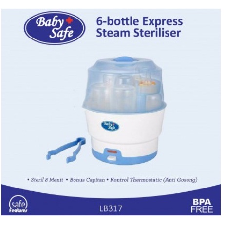 Alat Steril Baby Safe LB317 6 Bottle Express Steam Sterilizer Garansi