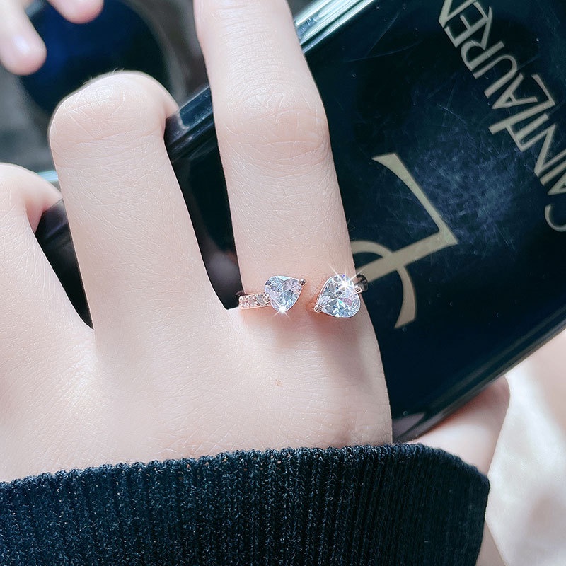 Gaya Korea Baru Dapat Disesuaikan Cinta Cincin Kristal Penuh Berlian Terbuka Cincin Cinta Hati Wanita Cincin Hadiah