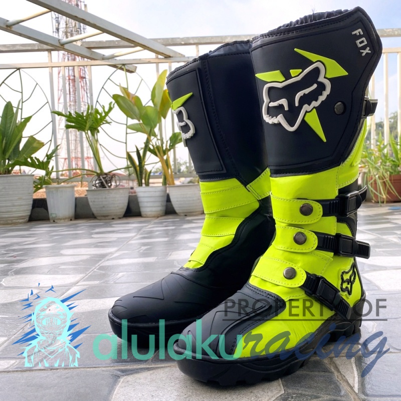 Sepatu Trail Boots SV Motocross MX Lokal Premium Best Quality - Fluogreen Black