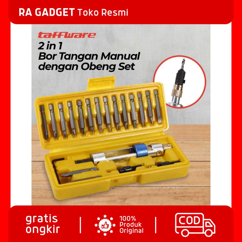 2 in 1 Bor Tangan Manual dengan Obeng Set / Mata Bor Pembolong Pelubang Lubang Pelobang Ukir Penguki