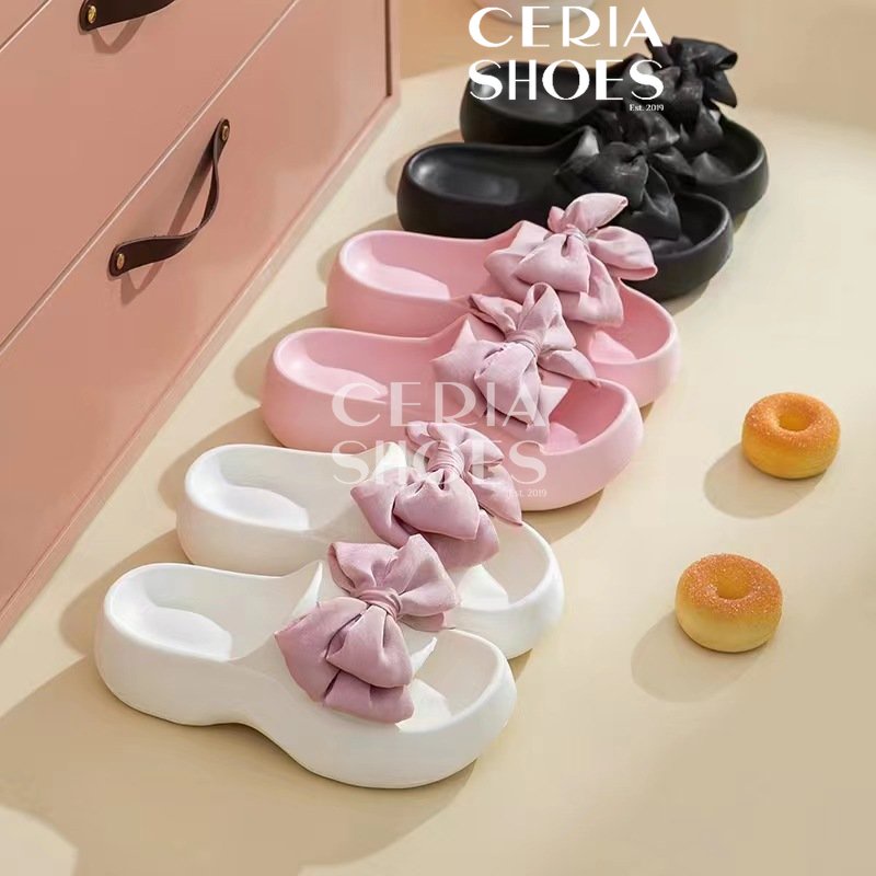 EVA Sandal Slop Platform Wanita Bangkok Bahan Spons Ringan Lentur Tinggi 5 Cm Motif Pita Ribbon Jibbitz Sol Rubber Import Anti Slip PITA