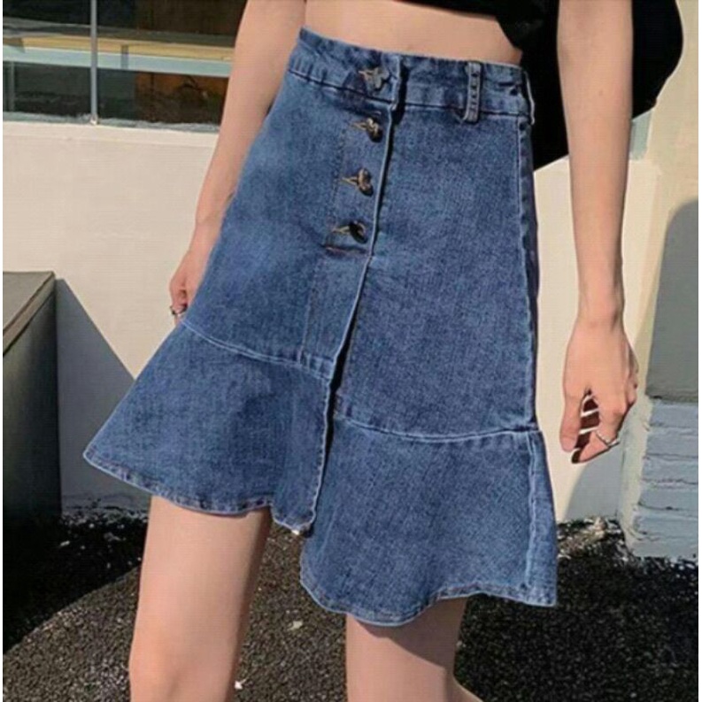 Rok Midi Denim Jeans Wanita Import Stretch Fashion