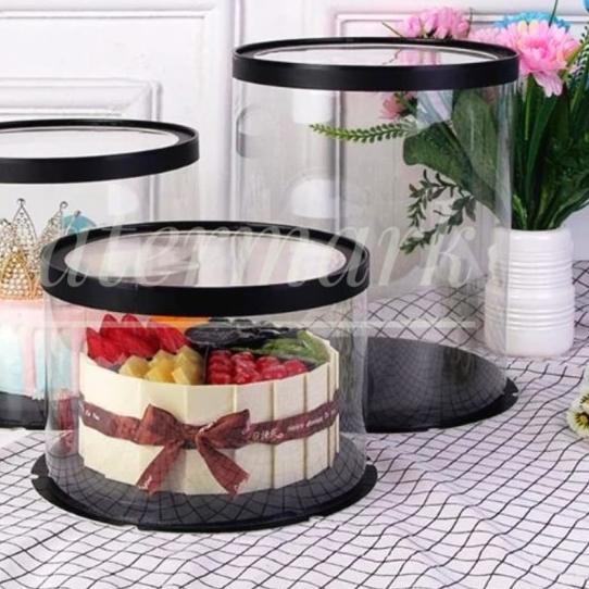 

Cake Box Bulat Dus Kue Kotak Kue Transparant Mika PET 26x26 cm - Hitam, 26x26x24