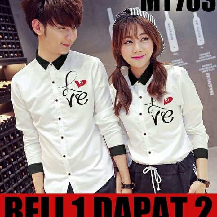 KEMEJA COUPLE/KEMEJA PASANGAN/BAJU COUPLE KOREA LOVE LATIN GROSIR - Putih
