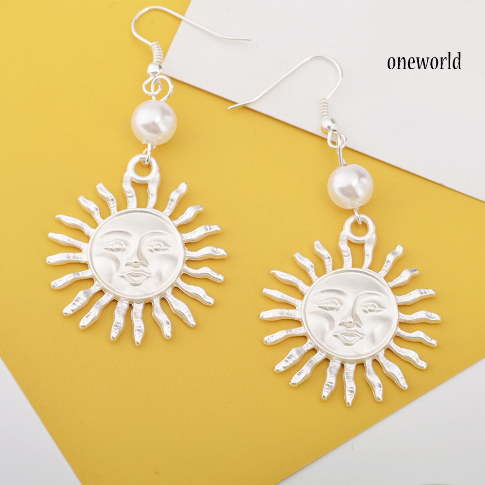 OW@ Women Fashion Sun Smiling Face Faux Pearl Drop Dangle Hook Earrings Jewelry