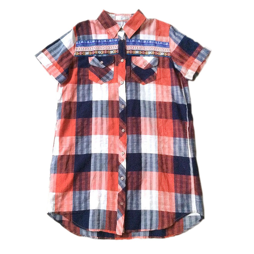 BLUS KEMEJA TUNIK KATUN KOTAK PREMIUM MERAH BIRU KOREA IMPORT