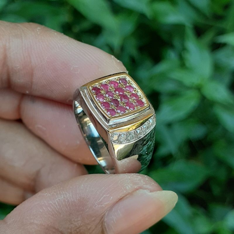 Cincin Perak Pria Mewah Batu Ruby Berlian Asli