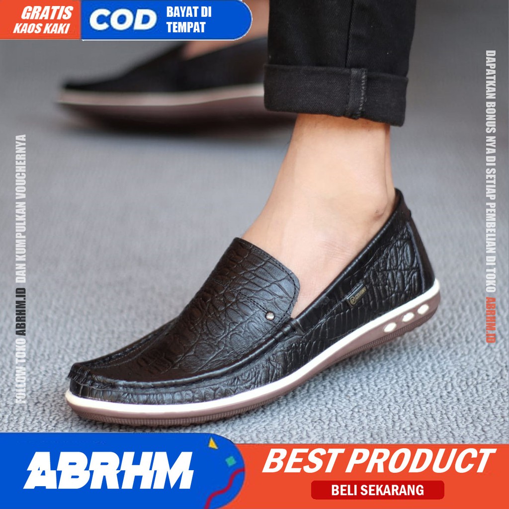 BRITANIC Sepatu Slip On Pria Kulit Asli Sepatu Pria Casual Pantofel Kulit Croco Sepatu Kasual Cowok / Cowo Kerja Kantor Kondangan Anti Slip Gaya Keren Kekinian