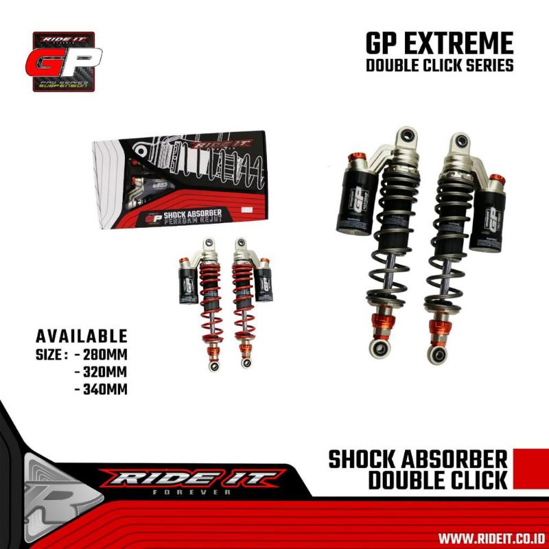 Shockbreaker Tabung Ride it GP Extreme UK 280,  320 dan 340 Double Klik fungsi Grey Merah kuning, hitam gold series