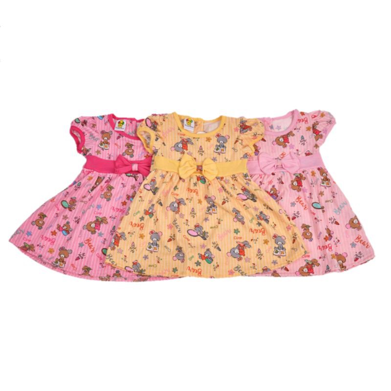 DRESS ANAK PEREMPUAN 1-2 TAHUN CUTE BE MINE BEAR WARNA KUNING PINK FANTA