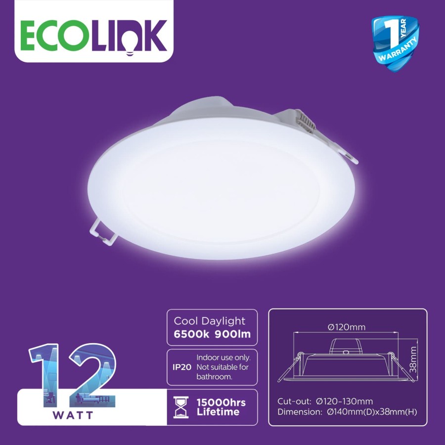 PROMO Lampu Downlight LED Ecolink 12W 12 Watt EDN020B Panel Light Hias Ib 5 inch D125 Ac 220v SNI Original  - Cool White (Putih)