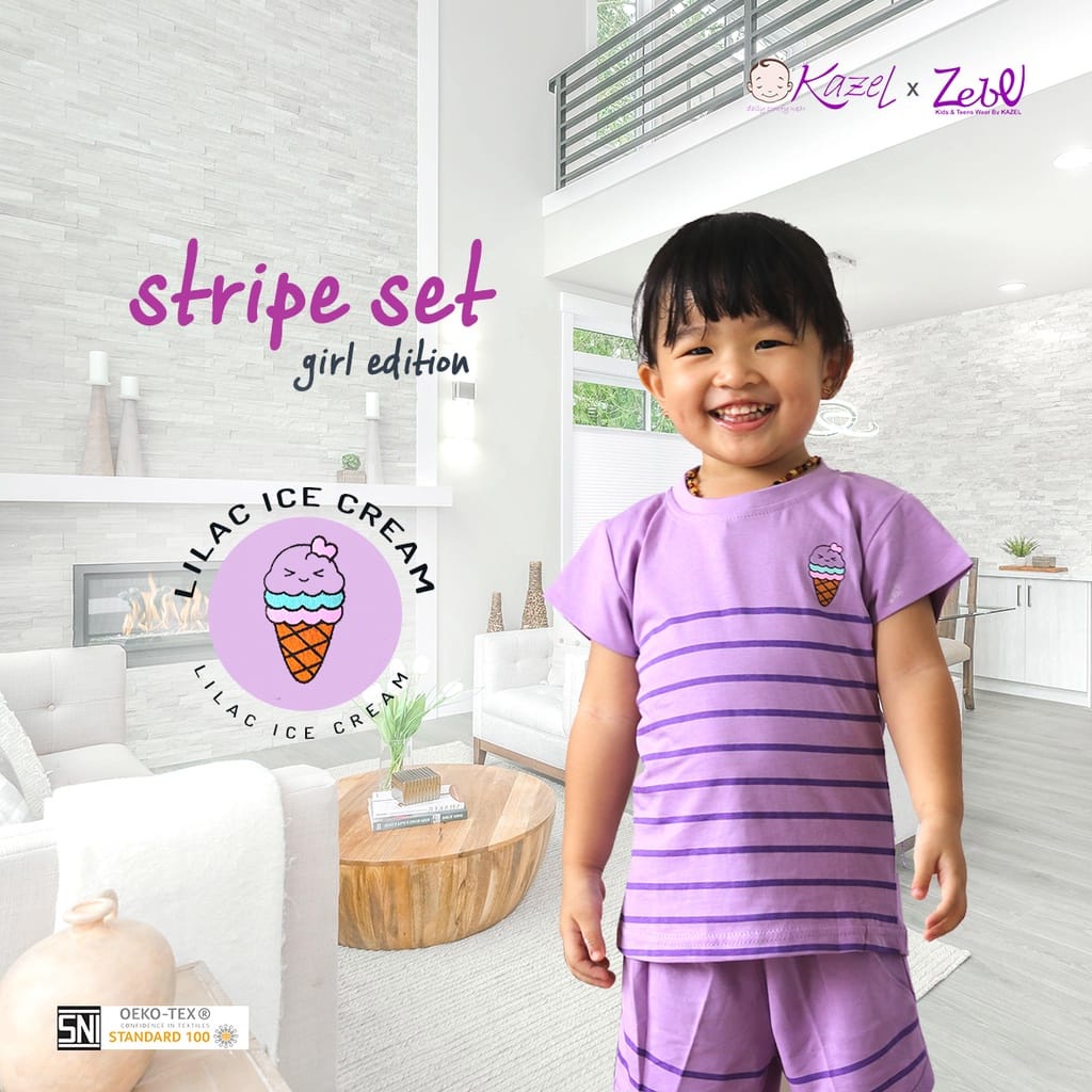 Kazel × Zebe Setelan Pendek Strip Set Girl - Setelan Anak Per 2 Pcs ( ZB-SPDSS )