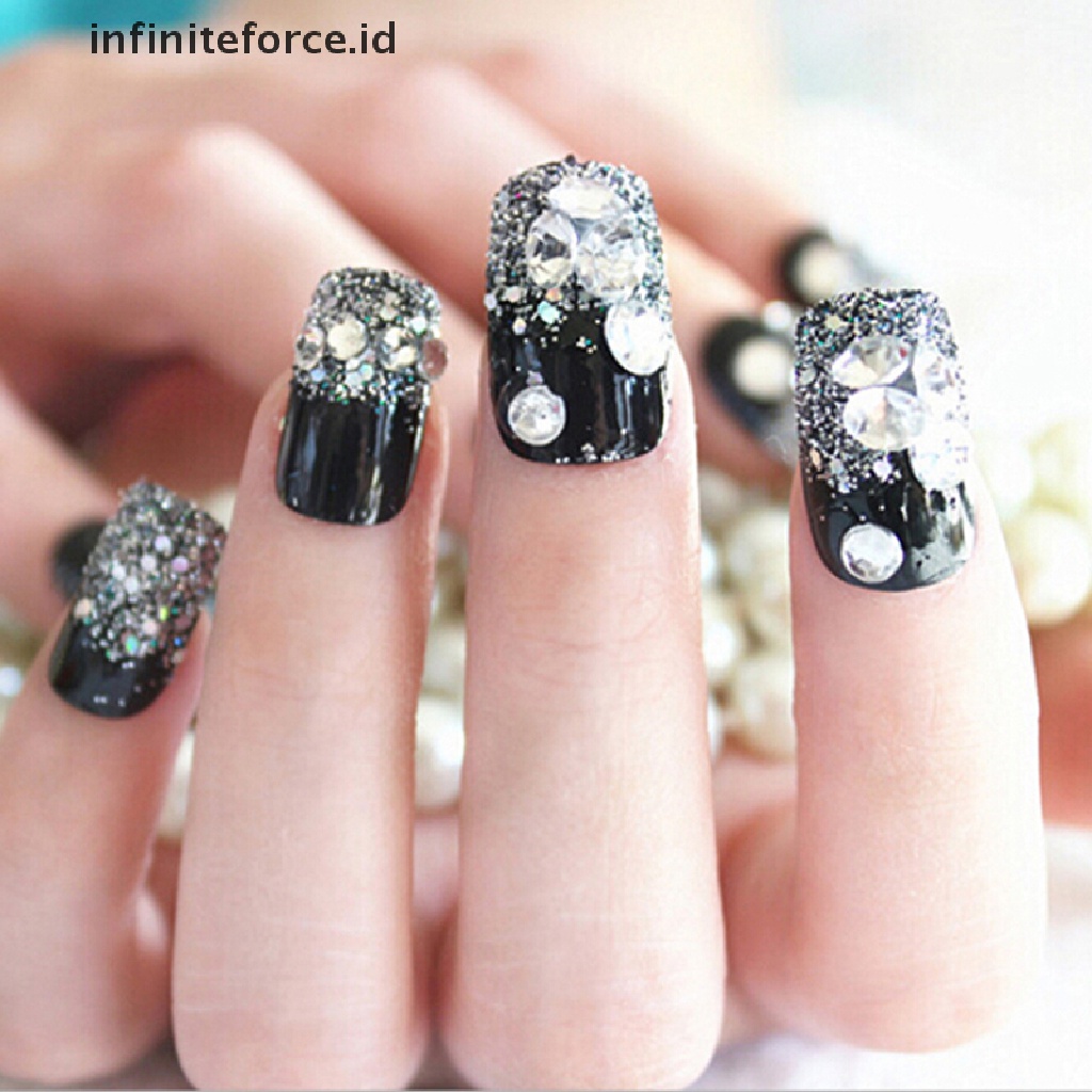 (Infiniteforce.Id) 24pcs / Set Kuku Palsu Akrilik Full Cover Warna Hitam Untuk Nail Art