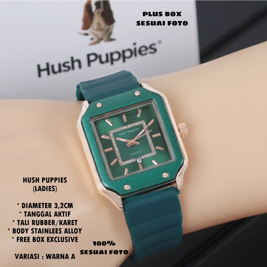 (FREE BOX) JAM TANGAN WANITA HUSH PUPPIES TALI RUBBER BODY SEGI TANGGAL AKTIF