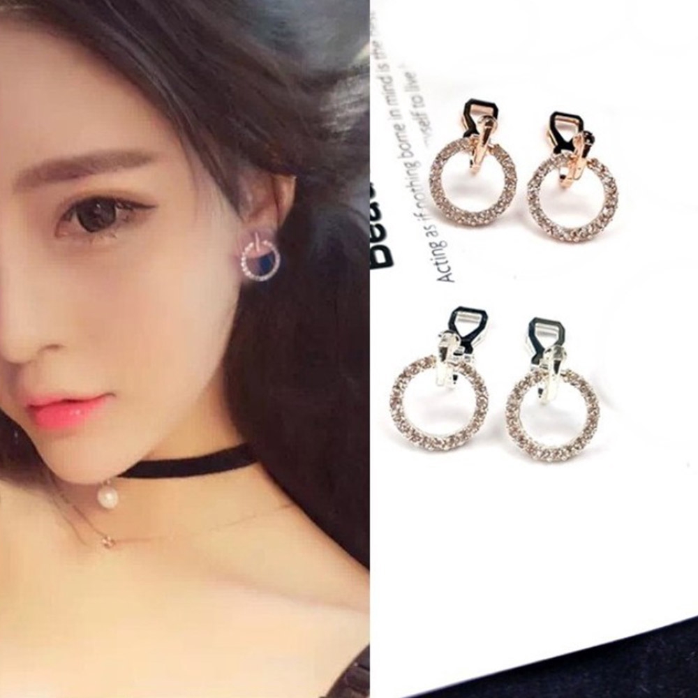 Anting Klip Tanpa Tindik Bentuk Bulat Warna Rose Gold Silver Aksen Kristal Gaya Korea Untuk Wanita