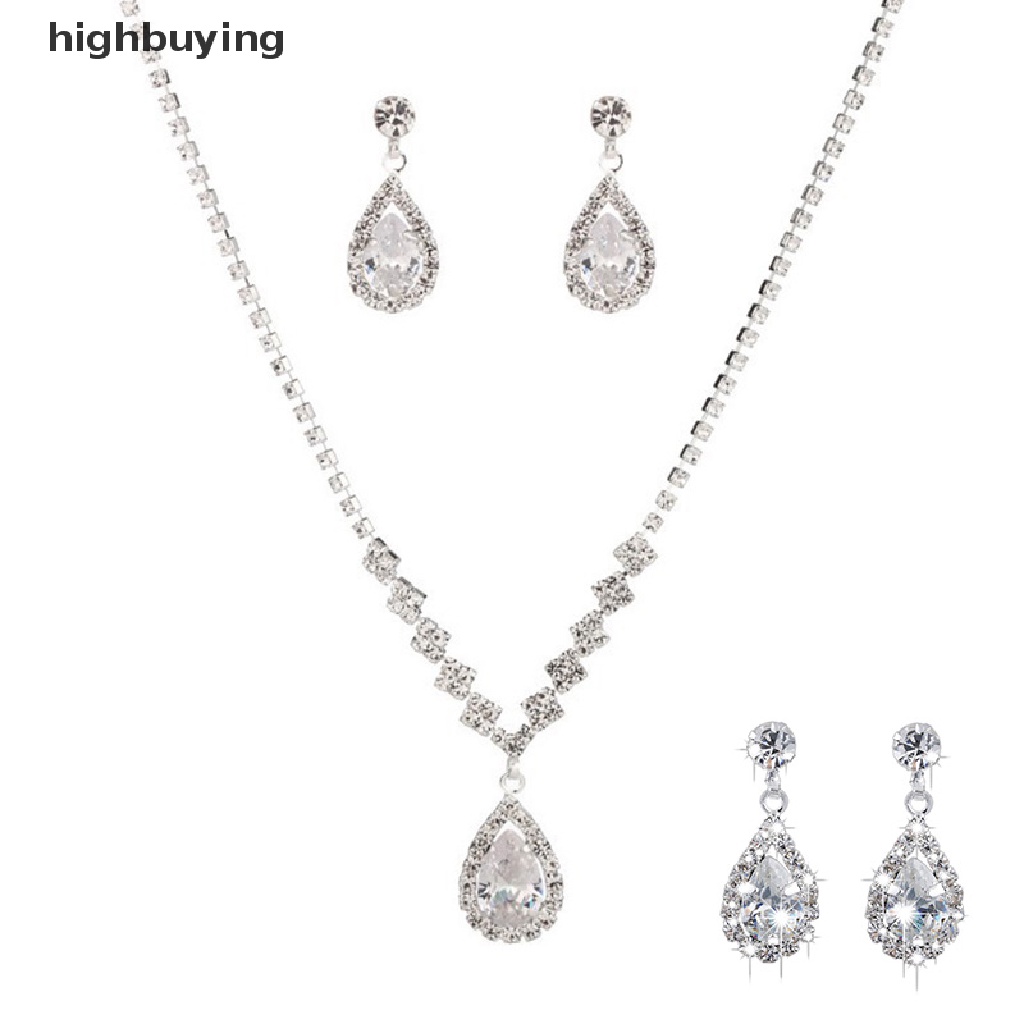 Hbid Set Anting + Kalung Liontin Kristal Bentuk Tetesan Air Vintage Warna Silver Untuk Wanita