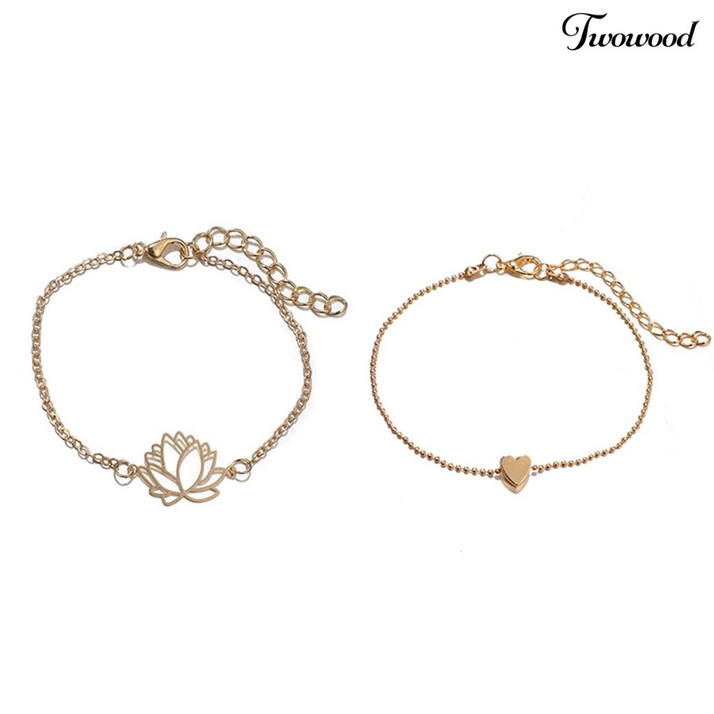 Twowood 2Pcs/Set Lotus Pendent Hollow Out Women Anklets Double Layered Heart Pendent Adjustable Chain Anklets Foot Jewelry