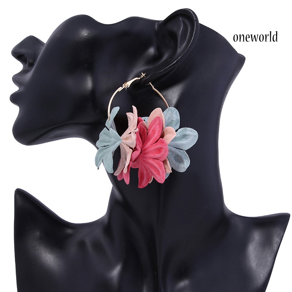 OW@ Fashion Women Flower Pendant Big Circle Drop Hoop Earrings Statement Jewelry