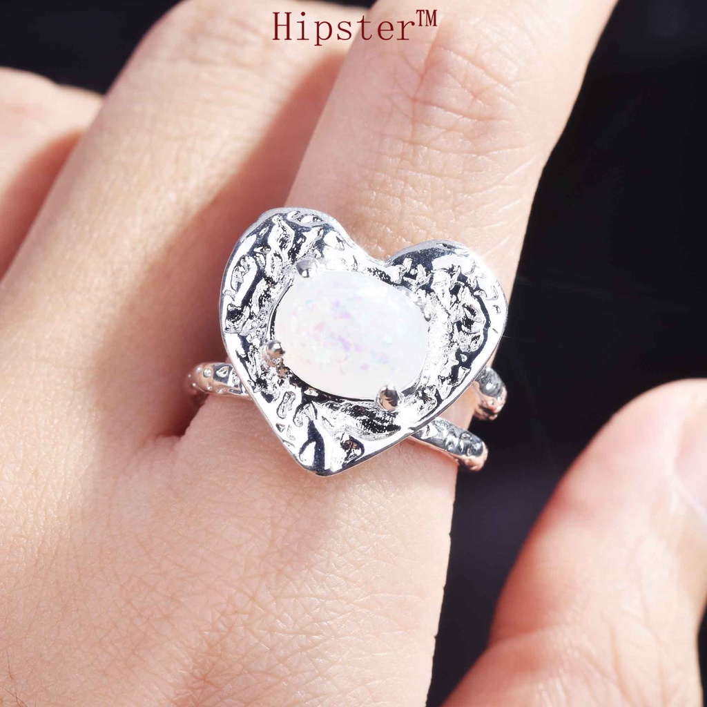 Cincin Bentuk Hati Opal Bahan S925 Silver Untuk Wanita