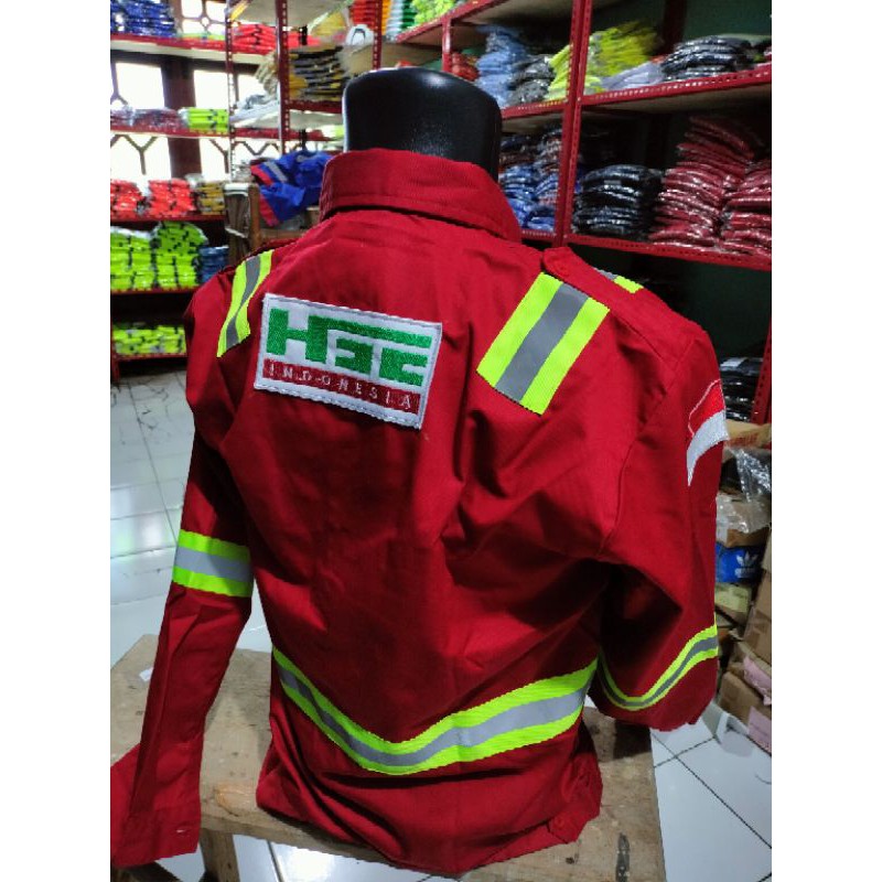 SERAGAM HSE MERAH FULL LOGO KANCING KAIN PREMIUM