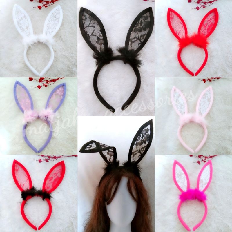 Halloween Bando Kelinci Renda Bulu Ariana Grande untuk Bridal Shower Lace Bunny Ears Headband