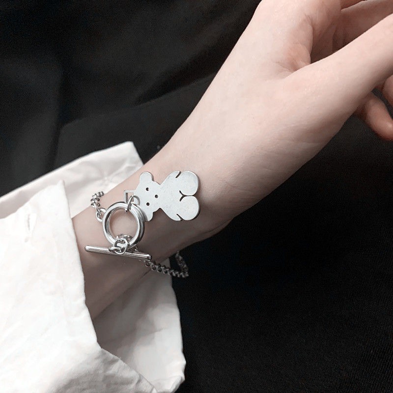 Ins Double-Layer Hip Hop Simple Chain Lock Heart Cross Bear Tebal Rantai Gelang Punk Gelang