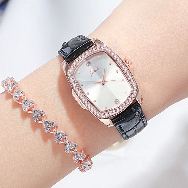 SANGCAKRA COD - Jam Tangan Wanita Korean Style Simple Casual Import Diamond Mewah Elegan Jam Tangan Jhui Analog Wanita Strap PU Leather Dial Kotak Gaya Casual Import - JW44