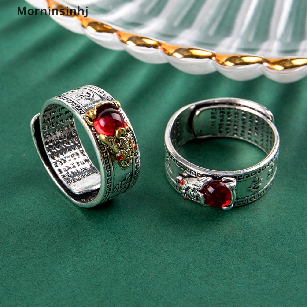 Mornin 1 Pcs Cina Feng Shui Pixiu Cincin Vintage Perak Berlapis Hati Sutra Awan Beruntung Cincin Ukir Batu Merah Permata Pi Xiu Binatang Cincin Pria Wanita Jari Cincin Perhiasan Antik id