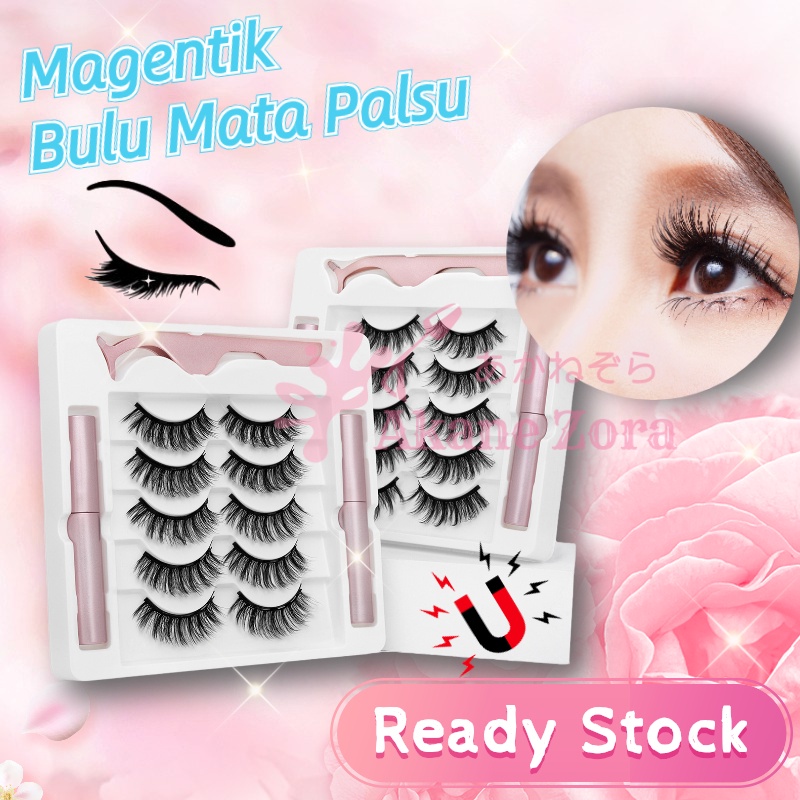 Akane Zora Bulu Mata Palsu Natural Magnet/ 3D Bulu Mata Palsu Tidak Perlu Lem Bulu Mata/ Bulu Mata Eyelash Extension 3D Paketan Set Tebal 5 Pasang Premium/ Magnetik Eyeliner Bulu Mata Eyelash Magnetic Natural