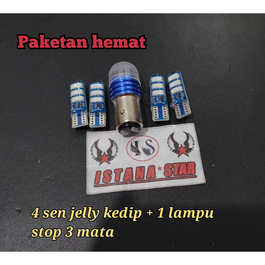 [PAKET VARIASI] Lampu Sein Sen Motor Variasi LED Kedip T10 Jelly 6 Titik + Lampu Stop Rem 3 MATA- BLUE