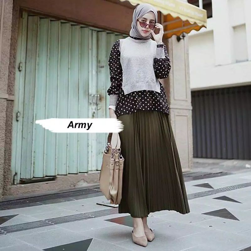 Rok Plisket Premium Wanita | Rok Plisket Wanita | Rok Plisket Jumbo | Rok Plisket Hitam Army Putih