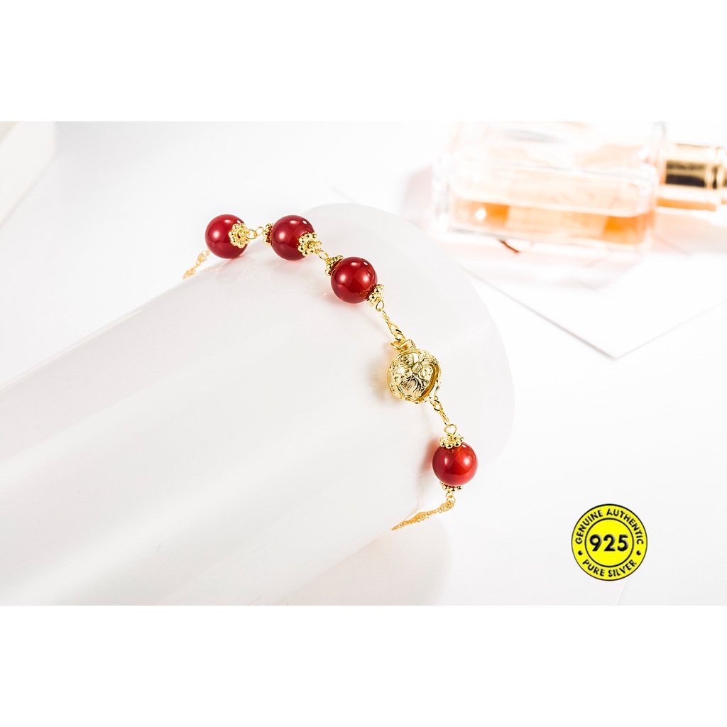 Au750 Gelang Tangan Manik-Manik Batu Agate Merah Vintage Untuk Wanita U1004