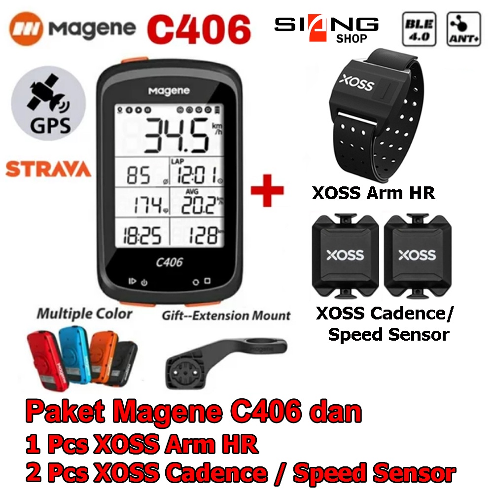 Cyclocomp / Speedometer sepeda Magene C406 bundling XOSS Arm HR + 2 pcs XOSS Cadence