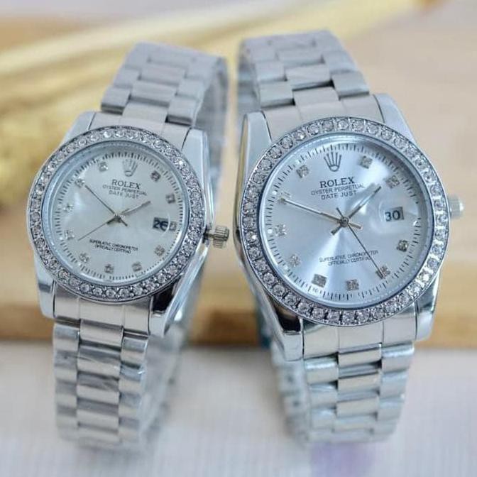 Kualitas Terbaik Jam Tangan Couple Rolex Pasangan Stainless Full Mata Analog Fashion - Silver PROMO
