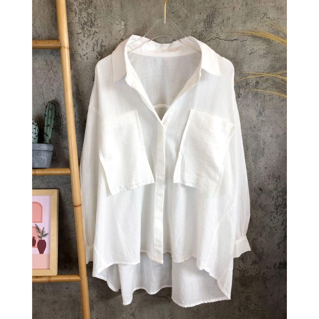 GMS - Alice Top Long Shirt Cringkle Oversize Pocket Ld 120 Fit S-XL Fashion Baju Atasan Blouse Kemeja Polos Casual Remaja Wanita Muslim Korean Style