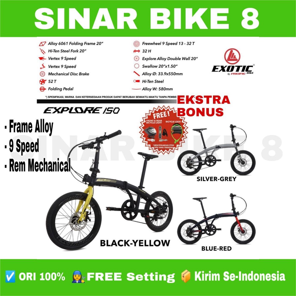 Sepeda Lipat Ukuran 20 Inch EXOTIC EXPLORE 150 Alloy 9 Speed Rem Cakram