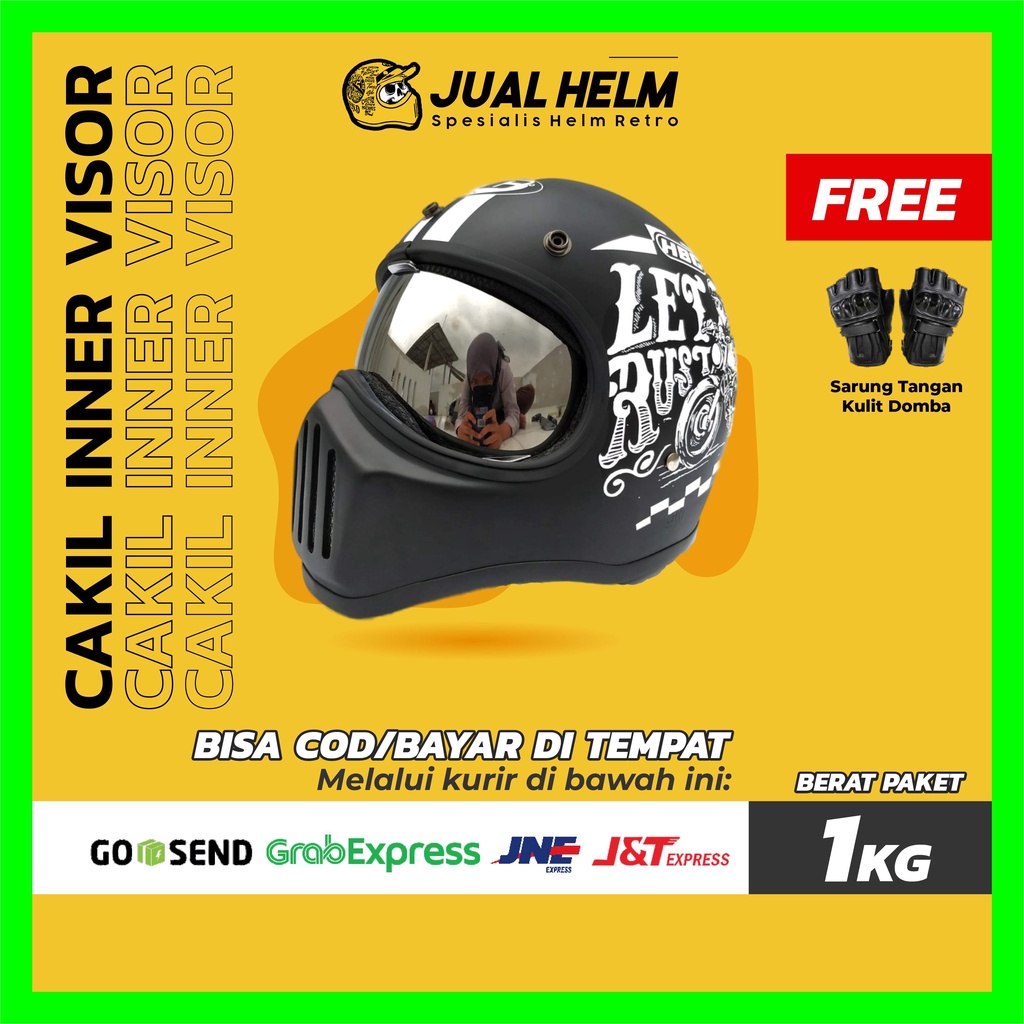 Helm Cakil HBC Rust Dust Black Font White + Inner Visor Chrome ( Fullface / Retro / Klasik / Vespa )