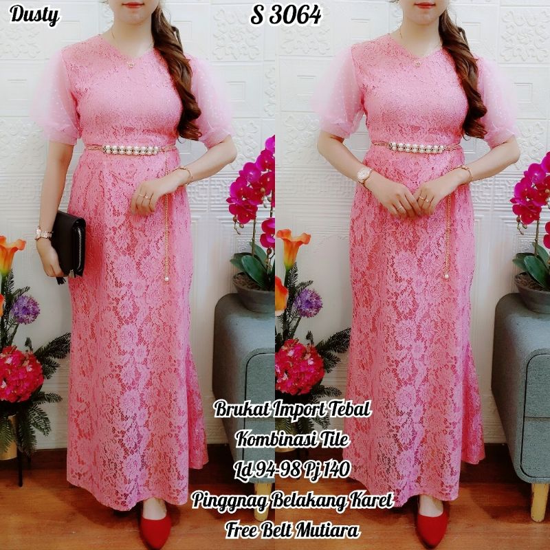 3064 Longdress Brukat Tile Mewah warna Dusty Pink Polos 20010