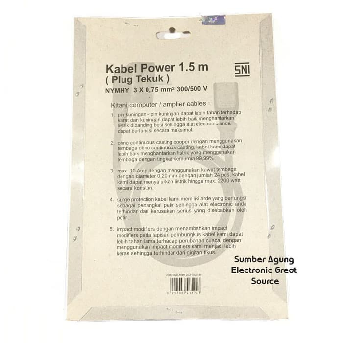 Kabel Power 1.5m Berkualitas SNI Kitani Plug Tekuk Magic Com Komputer