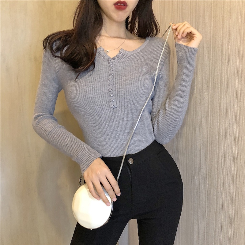 Sweater Ketat V-neck Ramping Wanita Korea Tipis Seksi Pendek atasan