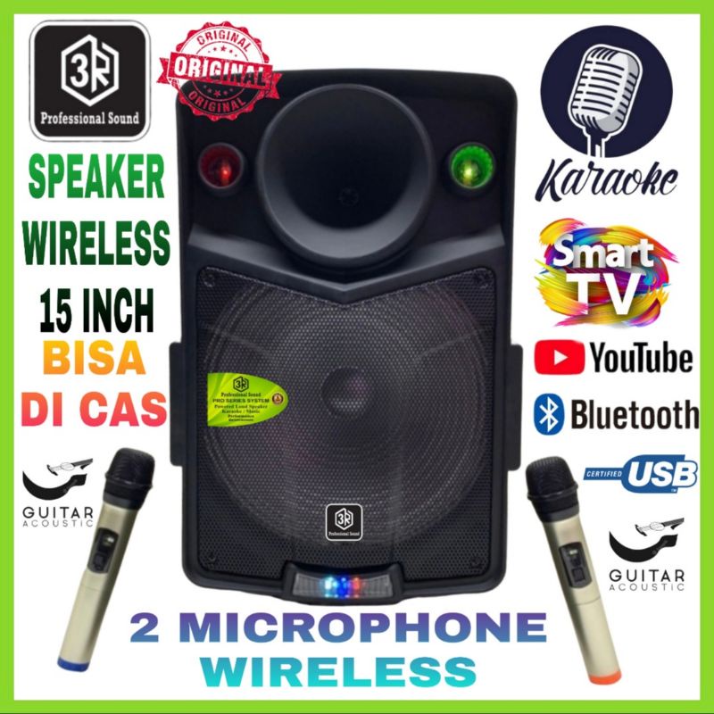 Speaker Wireless Portable 3R 15 Inch 2 Mic Wireless Karaoke Di Smart Tv DJ 1508