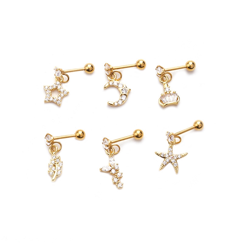 1pc Anting Tusuk Tulang Rawan Telinga Desain Bintang Lautmahkota Hias CZ